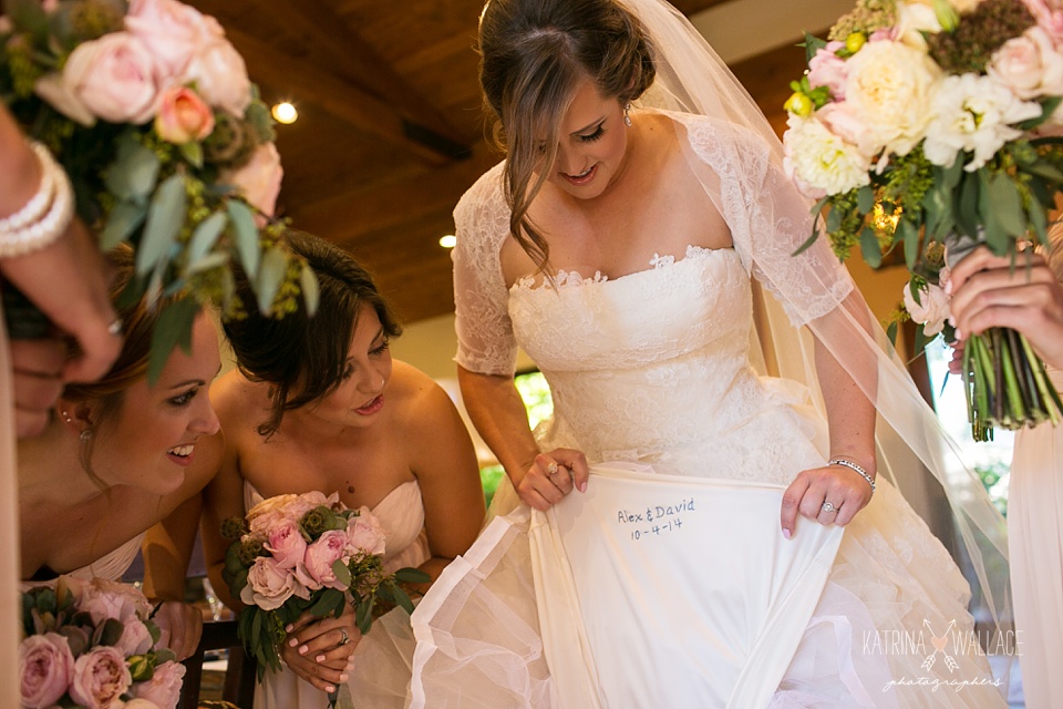 embroidered wedding date detail on a Vera Wang wedding dress