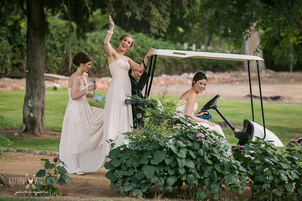 bridesmaids and a golf cart