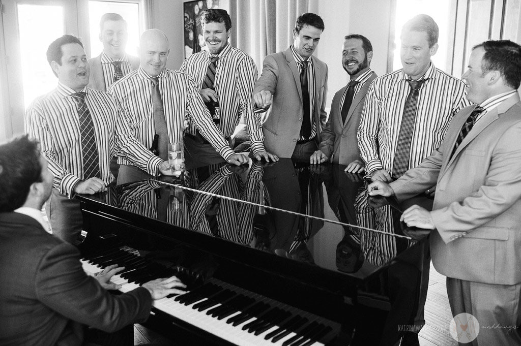 Before the ceremony at Brophey Chapel, Alex serenades his groomsmen on his grand piano