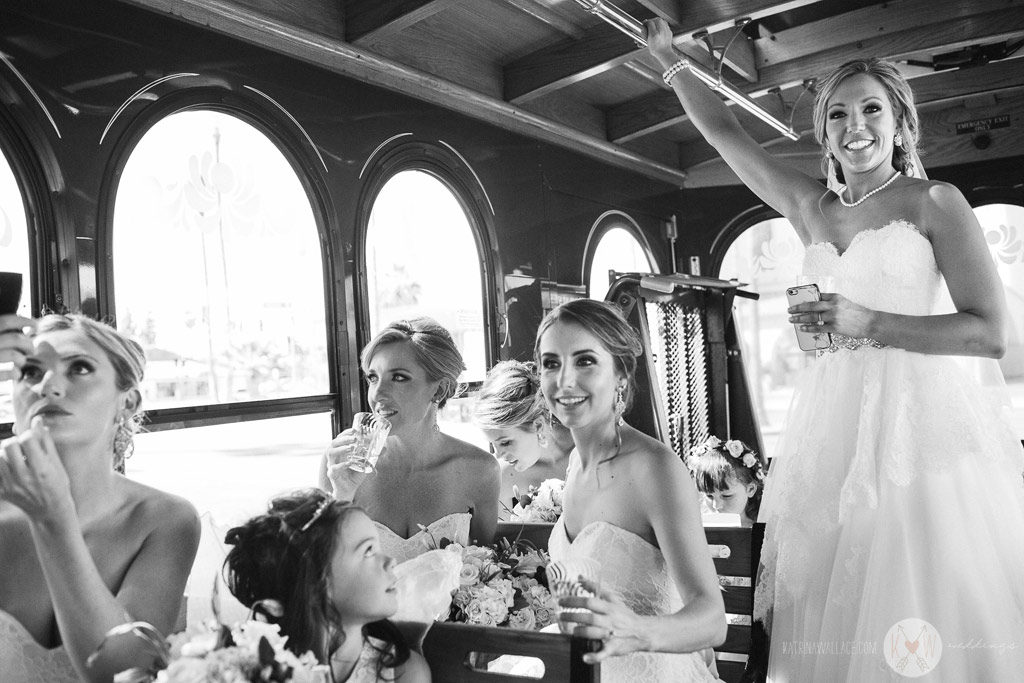 The bride and her bridesmaids head over the Brophey Chapel before the ceremony